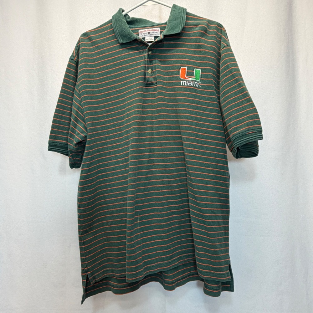 Miami Hurricanes Boca Classics Polo Shirt Men Large Green Striped NCAA Vintage